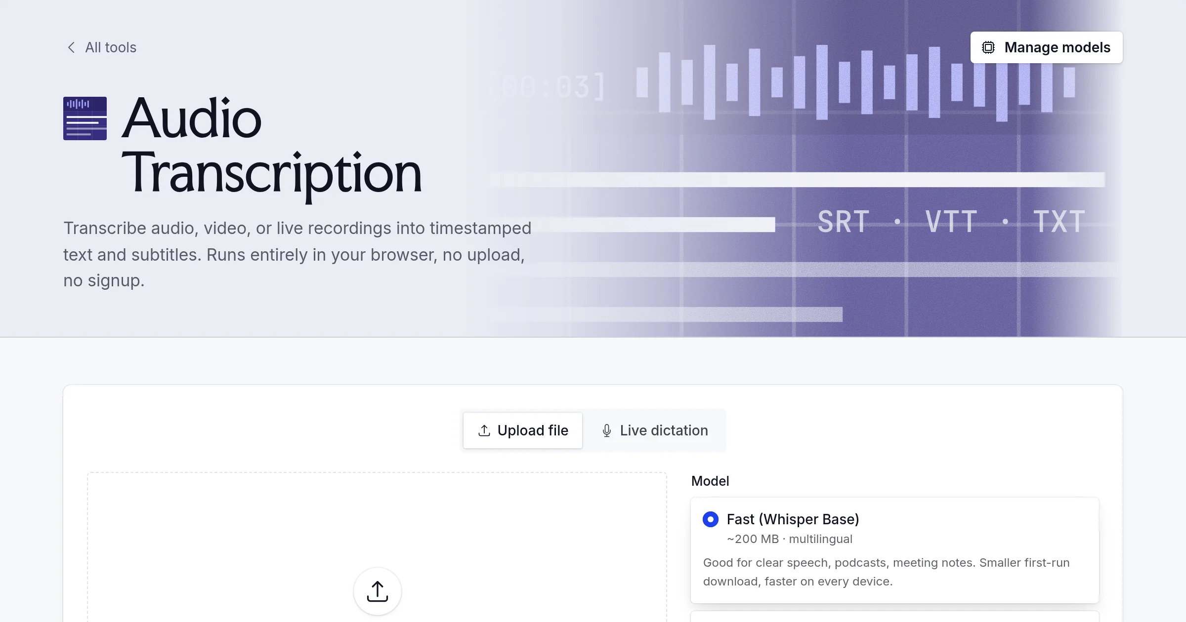 Free Audio Transcription, No Upload | PocketWebTools